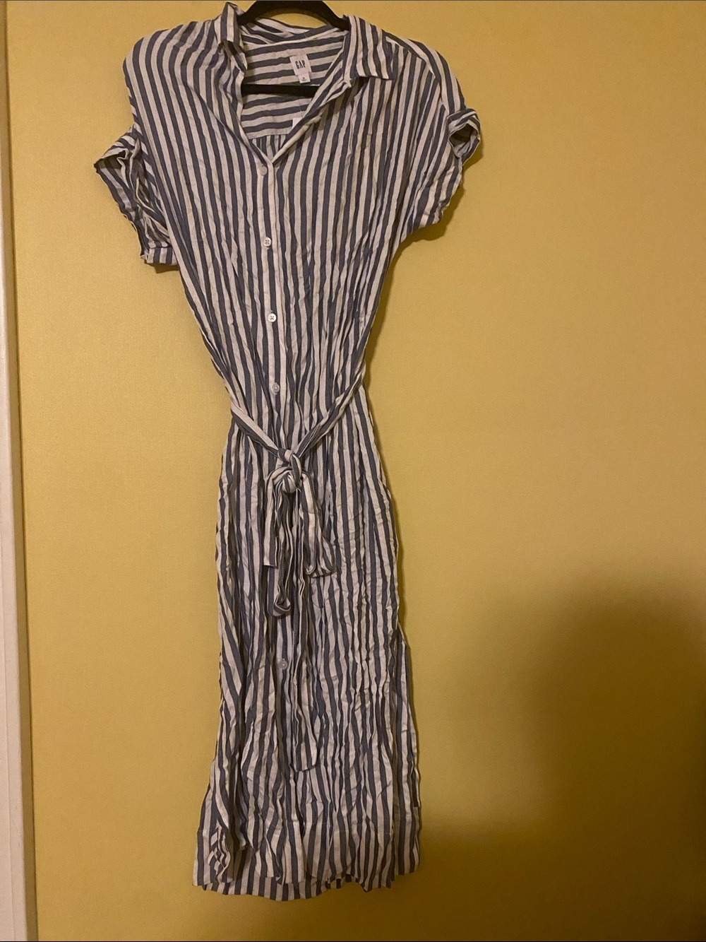 GAP Blue and White Striped Button-Front Midi Dress with Waist Tie